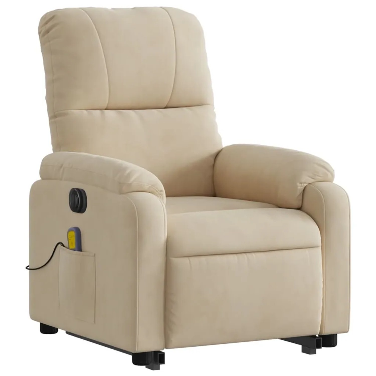 Cremefarbener Massagesessel mit Aufstehhilfe und Mikrofaserbezug.
