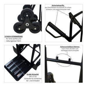 PROREGAL Treppensackkarre ODIN, All Black, mit Hartgummi-Rädern und klappbarer Schaufel.