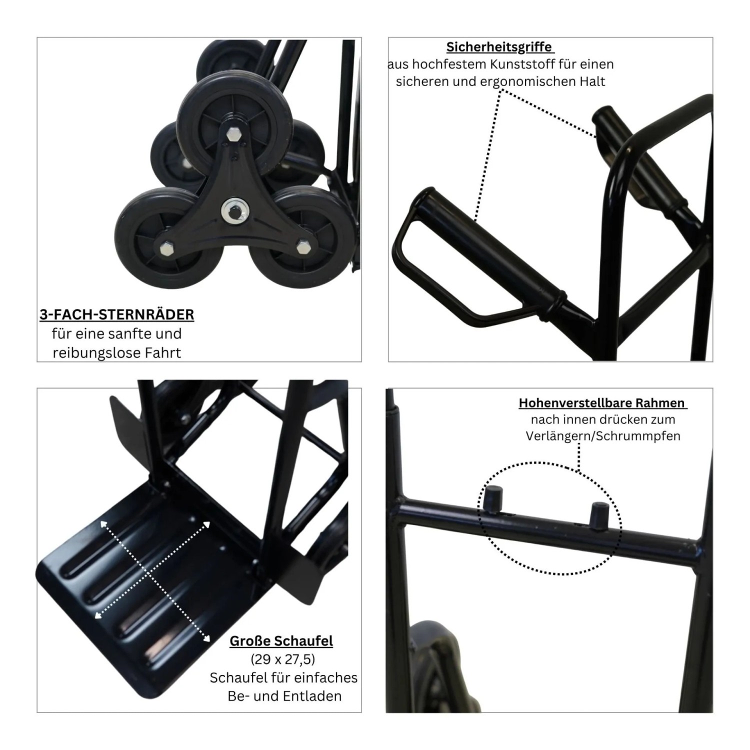 PROREGAL Treppensackkarre ODIN, All Black, mit Hartgummi-Rädern und klappbarer Schaufel.