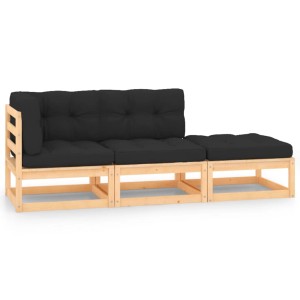 3-teiliges Garten Lounge Set aus Kiefernholz mit anthrazitfarbenen Kissen.