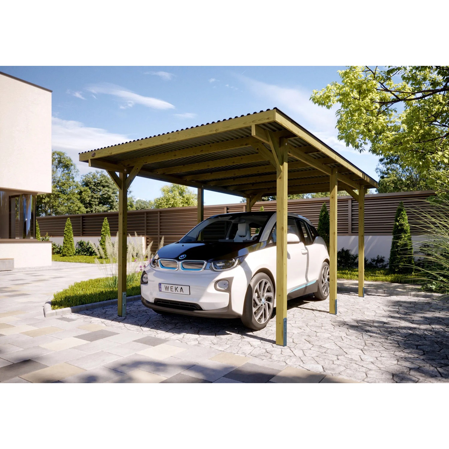 Weka Einzelcarport 606 aus Holz mit Auto. Stabiler Unterstand für PKW, Motorrad oder Fahrräder im Garten.