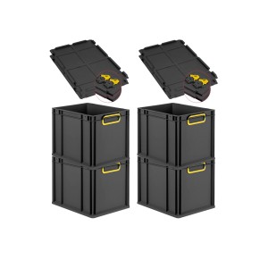 PROREGAL SuperSparSet: 4 schwarze Euroboxen mit gelben Griffen und Scharnierdeckel, 30 Liter.