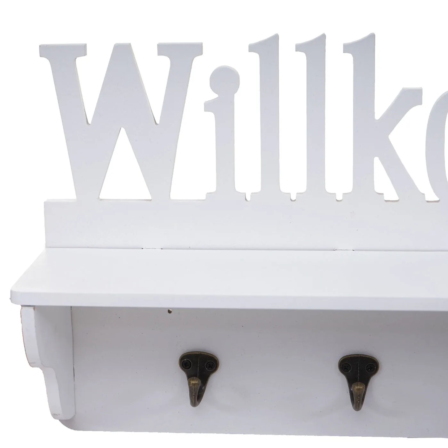 Weiße MCW Wandgarderobe "Willkommen" mit 4 Haken und Ablagefläche.