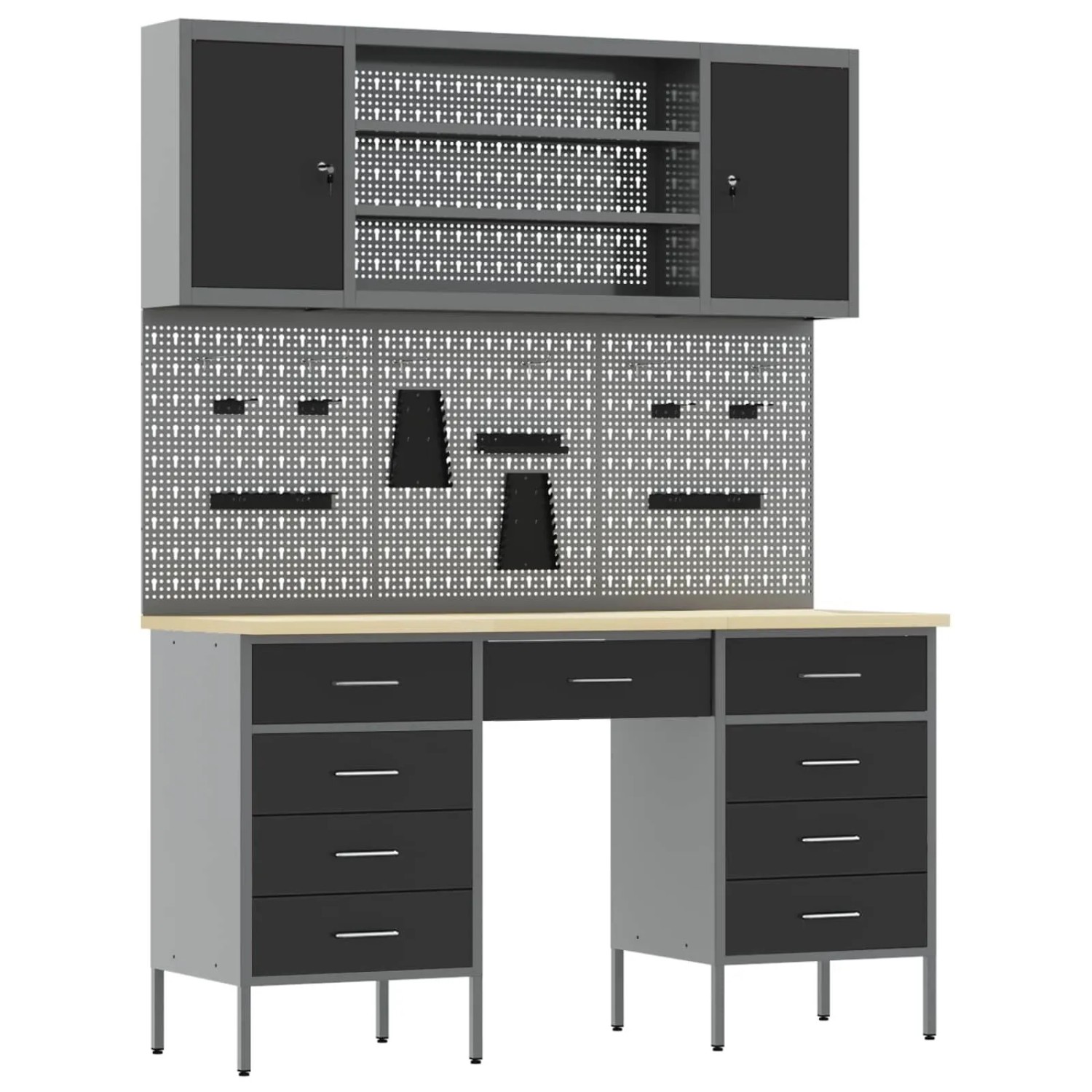 vidaXL Werkbank mit Schubladen 8-Tlg Schwarz Ingenieure Holz und Stahl 3321460