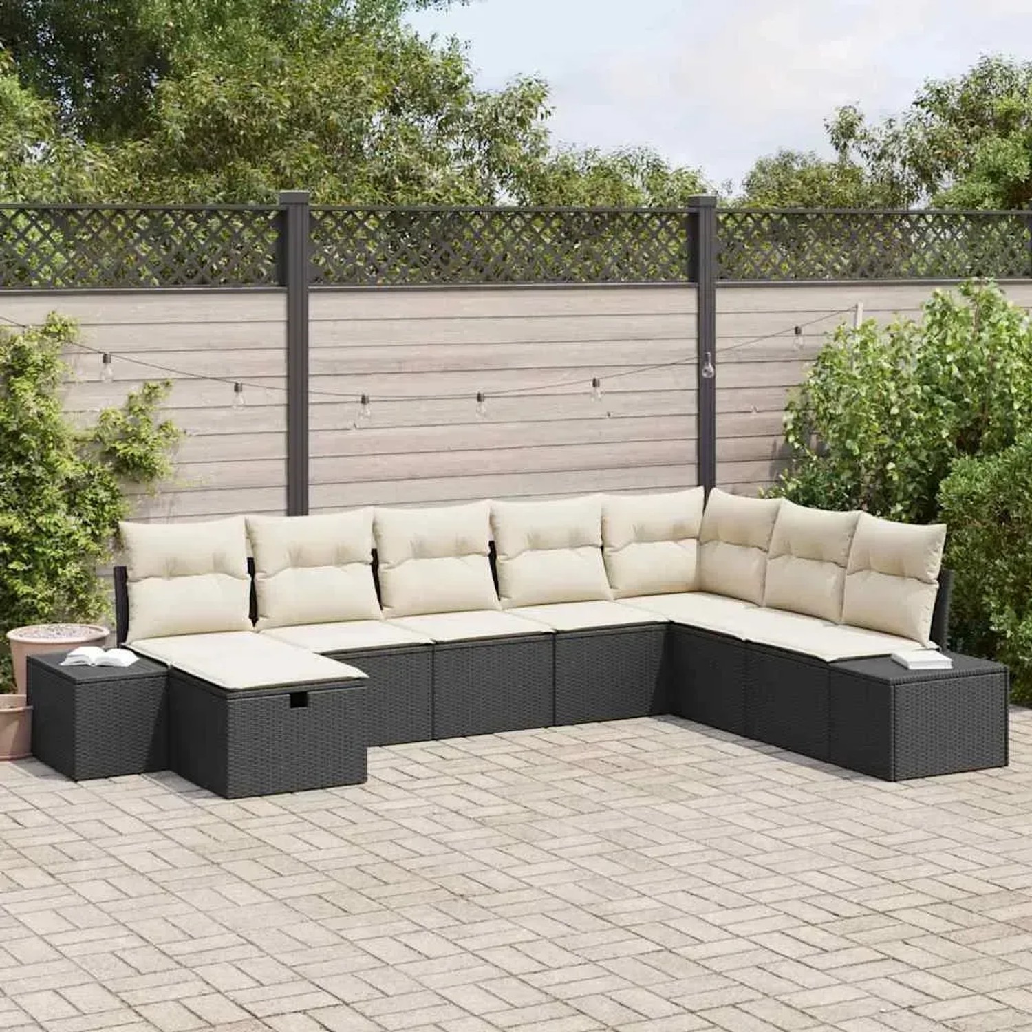 Schwarzes vidaXL Garten-Sofa-Set aus Poly Rattan mit beigen Kissen, 8-teilig.