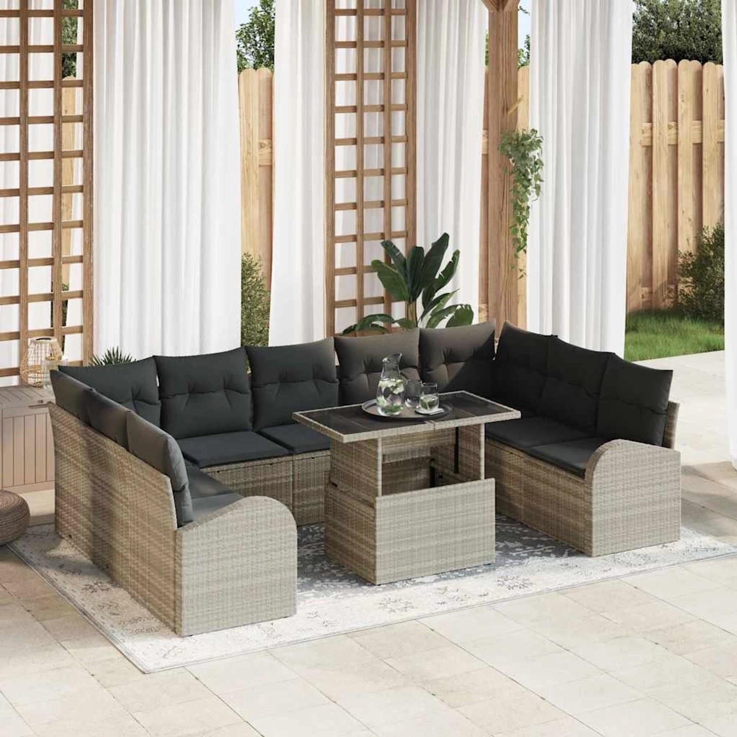 Hellgraues 10-teiliges Garten-Sofa-Set mit Tisch aus Poly Rattan von vidaXL für Terrasse und Garten.