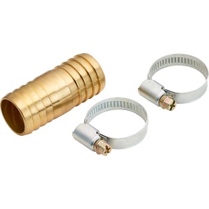 Schlauchverbinder Ø 25 mm aus Messing mit zwei Schlauchschellen für die Schlauchreparatur.