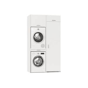 Weißer Waschturm Slimline 3.4 mit integrierter Waschmaschine und Trockner, daneben Hochschrank. Modernes Badmöbel-Set.
