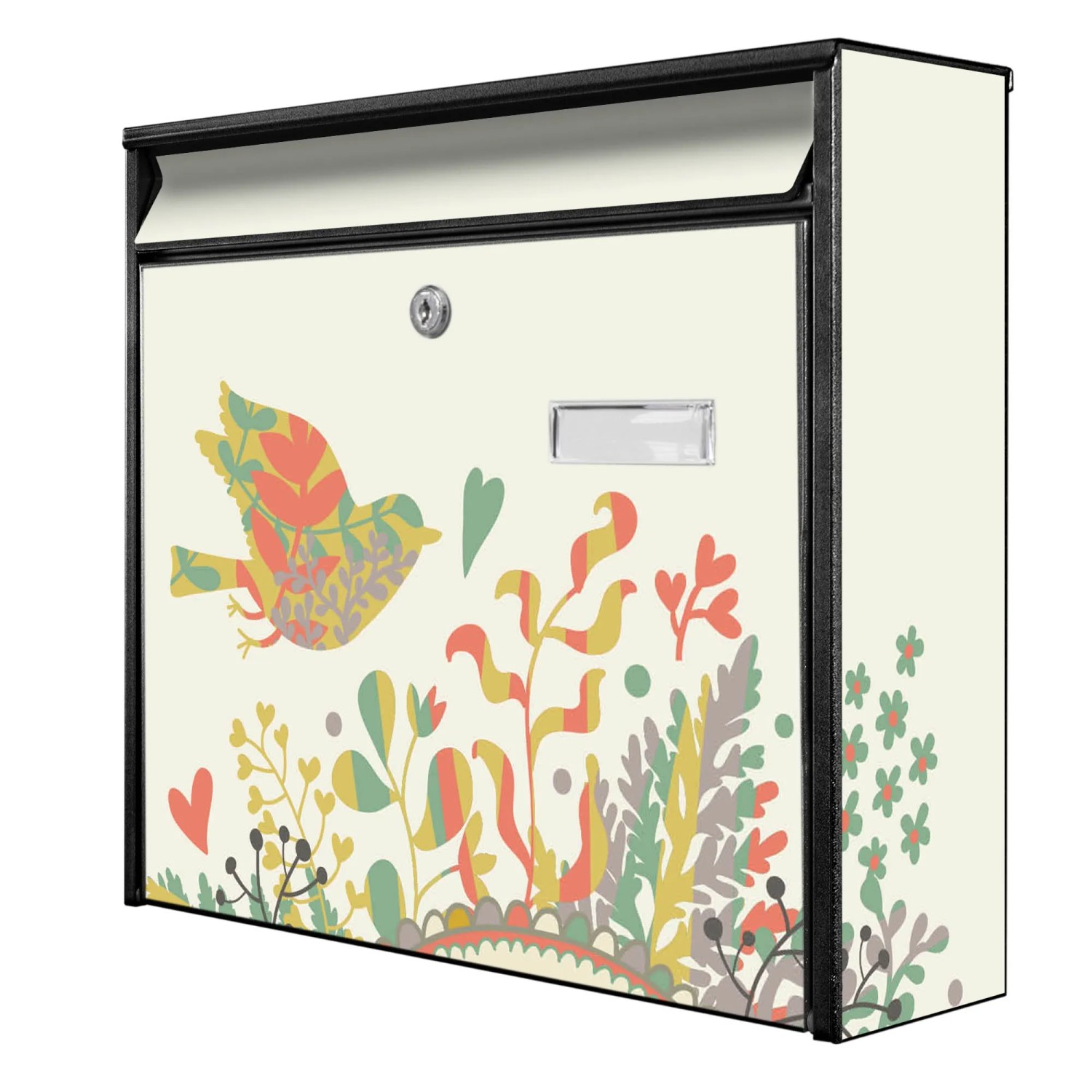 Banjado Briefkasten Schwarz 36.2x32.2x10cm Groß / Inkl. Montagematerial & 2 Schlüsseln / Mit Namensschild Motiv Wt Frühling