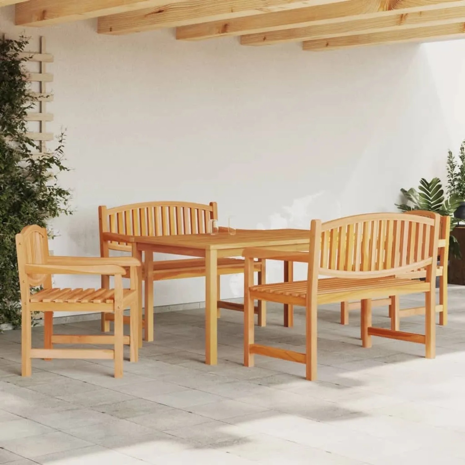 vidaXL 5-tlg. Garten-Essgruppe aus massivem Teakholz, bestehend aus Tisch, Bänken und Stühlen.