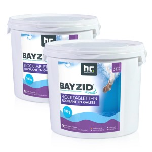Bayzid Flocktabletten für Pools, 2x5kg, in weißen Eimern.