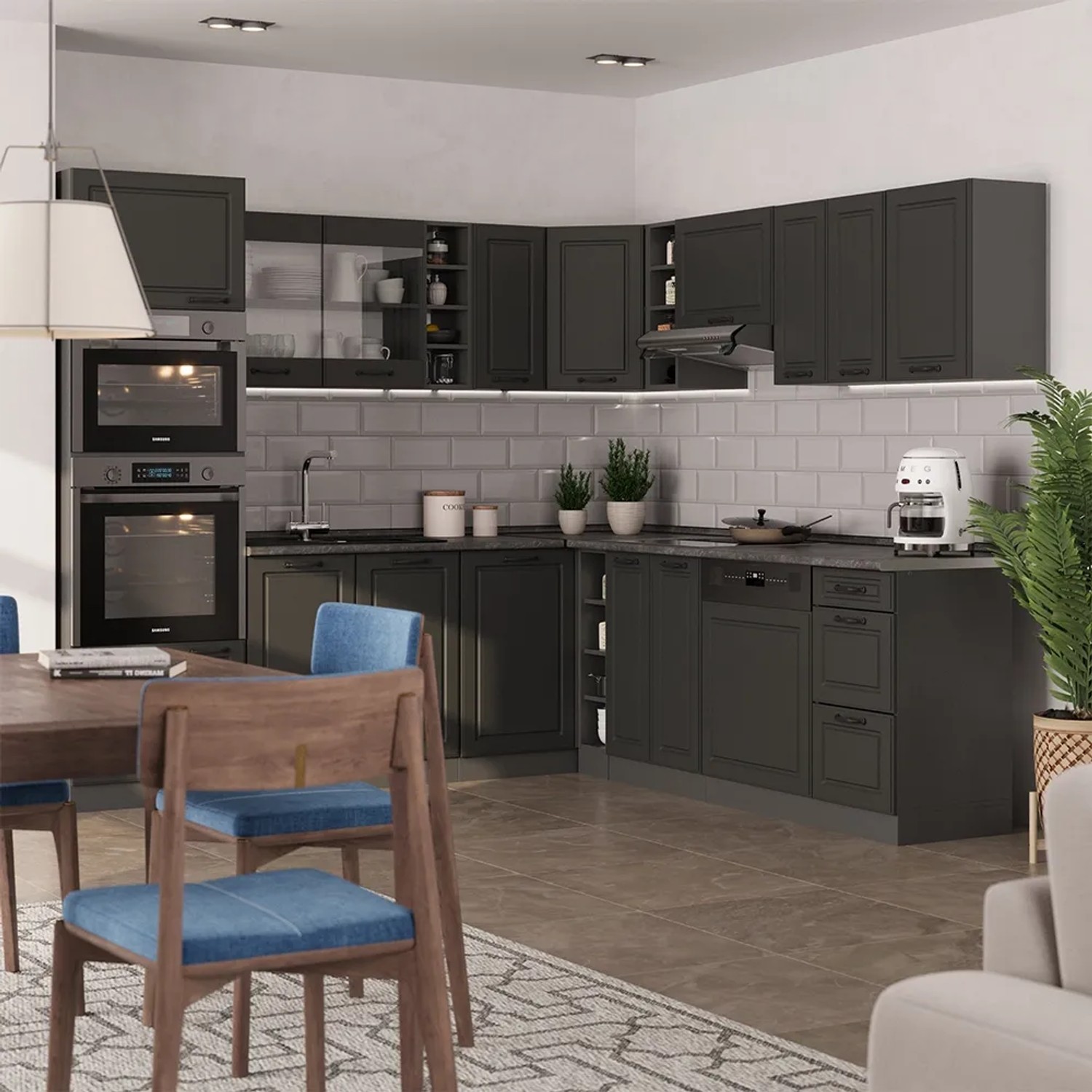 Anthrazitfarbene Vicco R-Line Eckküche im Landhausstil, 237x60 cm, ohne Arbeitsplatte.