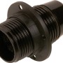 Schwarze E14 Lampenfassung aus Kunststoff mit Ring zur Lampenschirm-Fixierung.