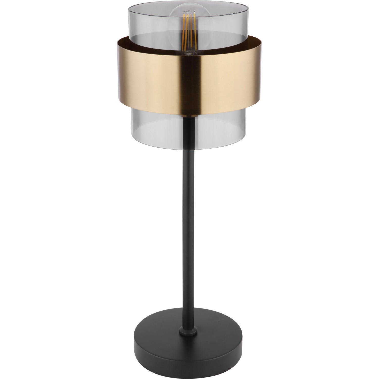 Globo Tischleuchte Milley, schwarz matt, mit Glas-Schirm und Messingring. Design-Tischlampe für Wohnräume.