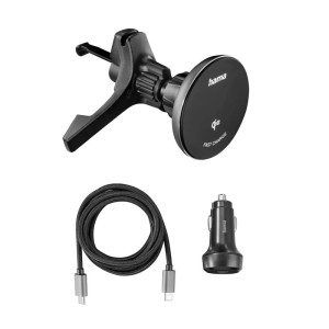 Hama Qi2 kabelloses Autoladegerät Set: schwarze Halterung mit Lüftungsclip, USB-C Kabel, 15W Schnellladeadapter für Handy.