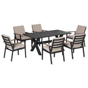 Graue Outsunny 7-teilige Gartensitzgruppe: Aluminiumtisch mit X-Beinen, 6 Stühle mit Kunststoffholz-Armlehnen, beigen Kissen.
