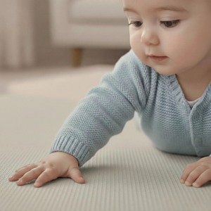 Baby krabbelt auf beiger LittleTom Puzzlematte mit Struktur. Weiche EVA Schaumstoff Spielmatte für Kindersicherheit.
