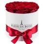 Rosenbox mit 14 bordeauxfarbenen Rosen und weißer Schleife, Blumenstrauß.