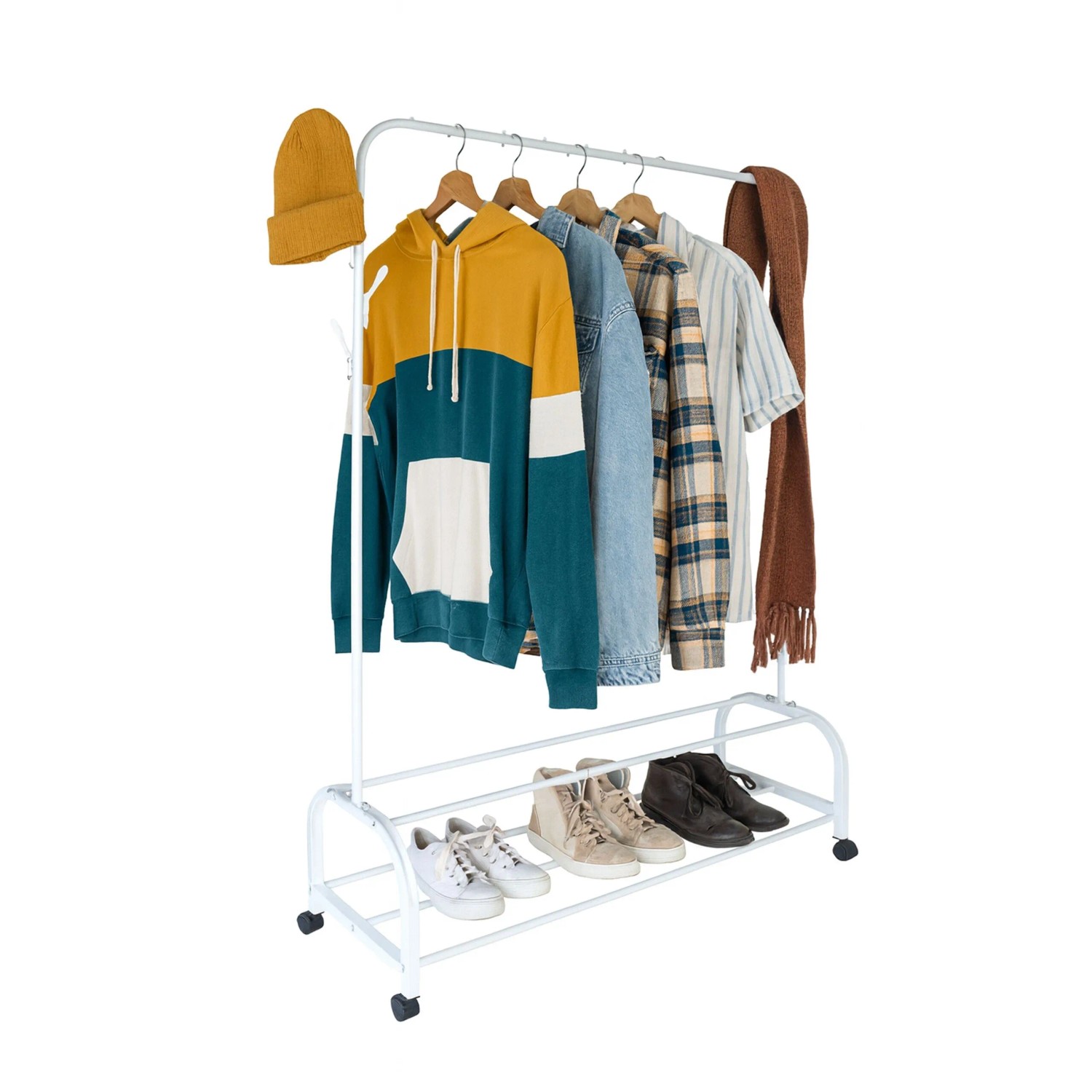 Relaxdays Kleiderständer Eisen Weiß Rollbar mit 2 Ablagen 160 cm x 110 cm x 40 cm