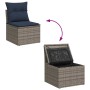 Gartenmöbel: Graues Rattan Sofa mit Kissen und Stauraum, Deckel offen mit wasserfestem Beutel.