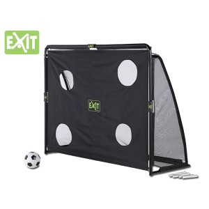 Schwarzes EXIT Coppa Fußballtor aus Stahl (220x170cm) mit Trainingswand und Fußball.
