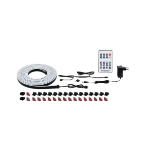 Paulmann Entertain LED NeonTube USB 5m Set mit Schlauch, Fernbedienung, Netzteil und Montageclips für RGB-Lichteffekte.