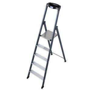 Krause SePro S Stufenstehleiter, eloxiert, 5 Stufen. Aluminiumleiter mit Ablagebügel und geriffelten Stufen.