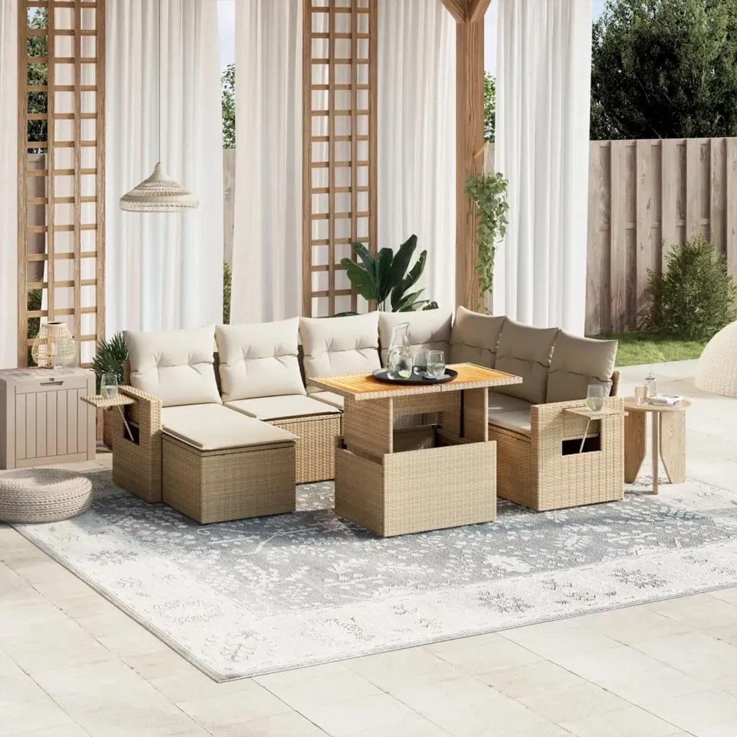 Beige 8-tlg. Garten-Sofagarnitur aus Rattan mit Kissen. Modulares Lounge Set für Terrasse und Garten.