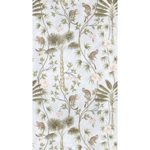 A.S. Création Dschungel Fototapete mit Äffchen, Palmen und Blüten in Grün-Beige.