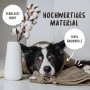 Hund im grauen Rudelkönig Bademantel S aus Baumwollfrottee, neben Baumwollzweig und Handtuch.