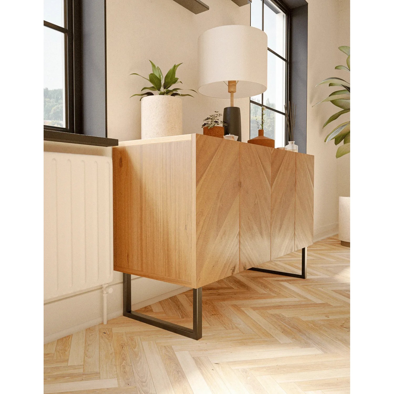 HEVVA Möbelfüße GRAZ, 2er Set, schwarz, 20x25cm, unter Sideboard im Wohnraum.