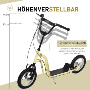 Beiger Kinderroller mit Luftreifen, höhenverstellbar von 85-95cm, mit Bremse.