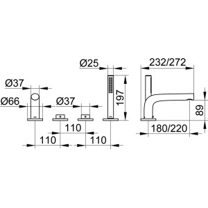 Technische Zeichnung: Keuco Edition 400 4-Loch-Wannenarmatur, Chrom, mit Maßen.