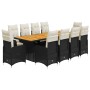vidaXL Garten-Bistro-Set, 11-teilig, schwarz, Poly Rattan mit Tisch und Stühlen mit cremefarbenen Kissen.