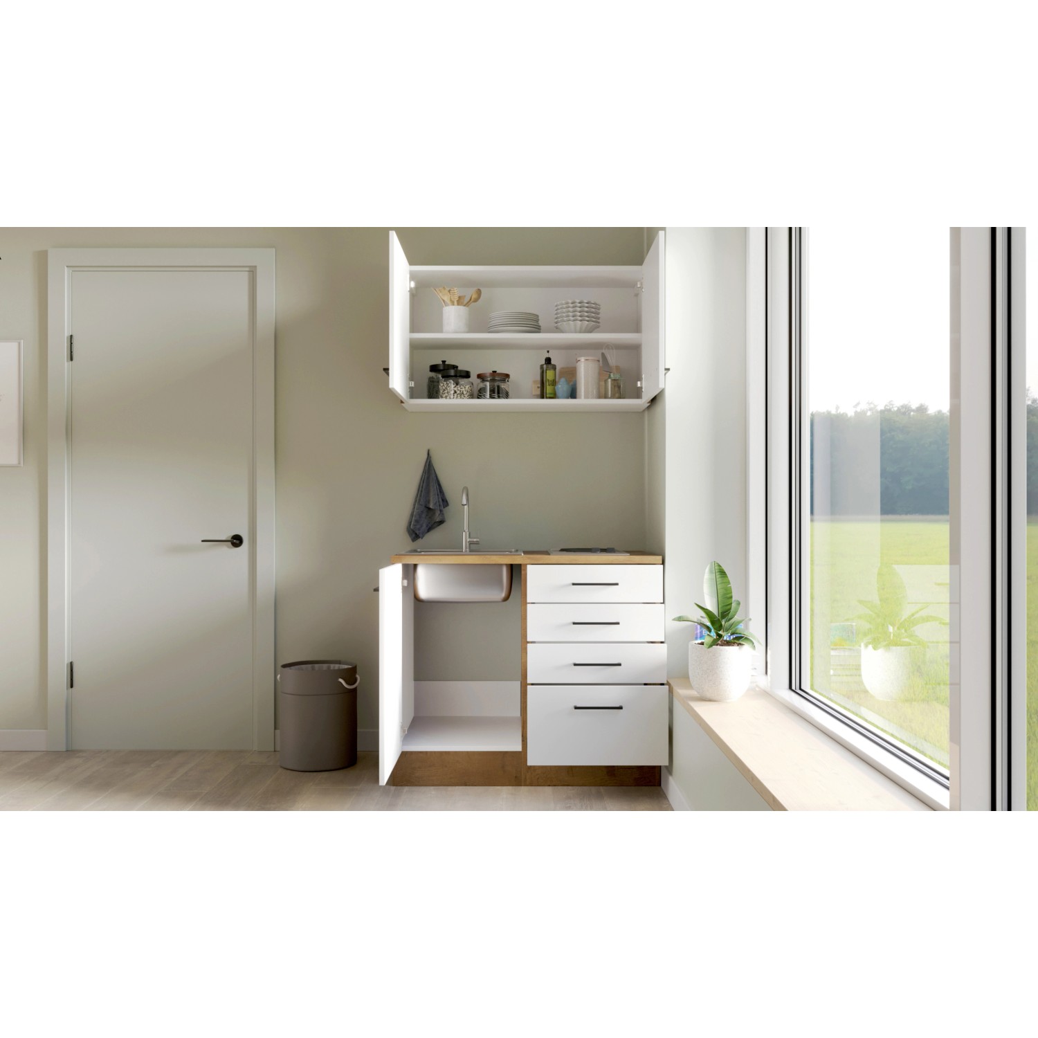 Flex-Well Exclusiv Miniküche Vintea 100 cm Magnolia matt - Lancelot Oak