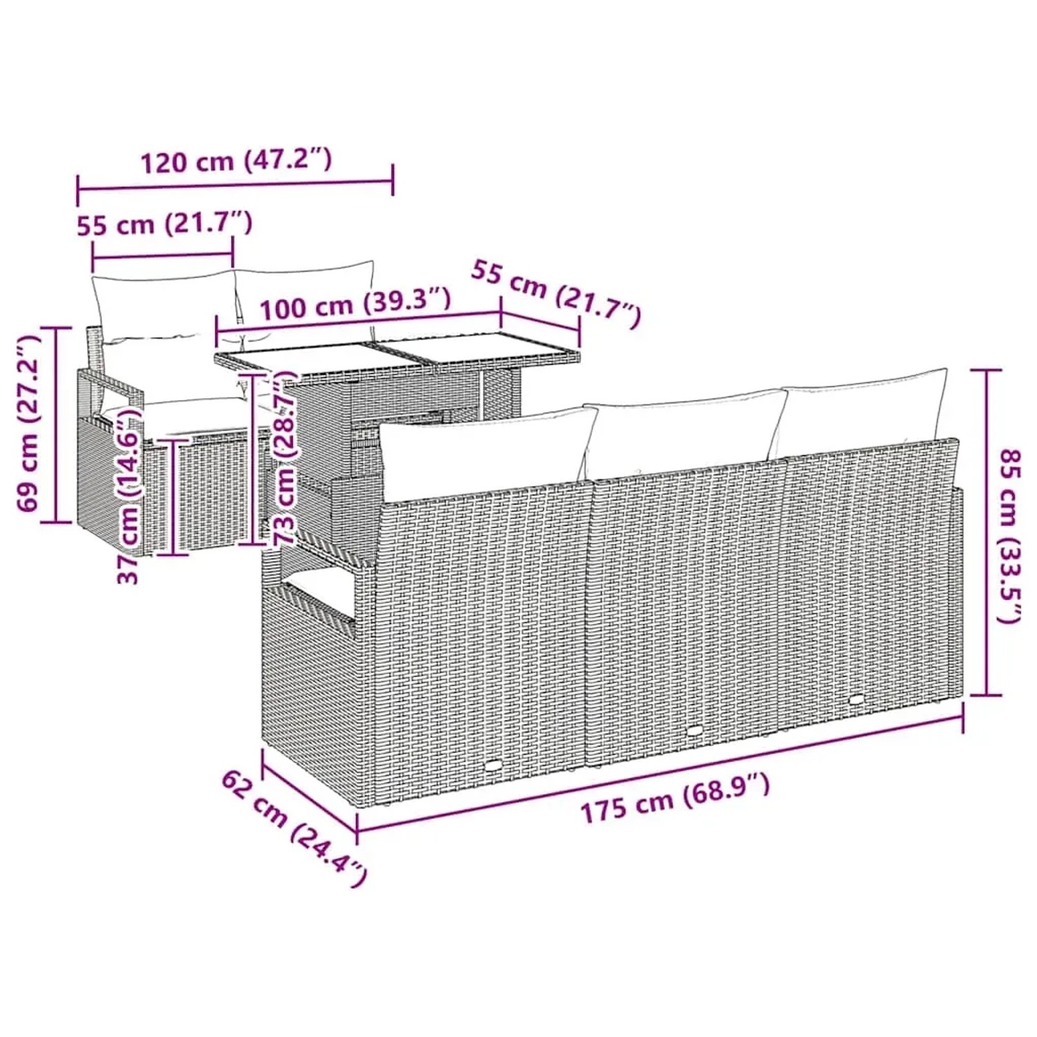 Beiges 6-tlg. Garten-Sofa-Set mit Tisch aus Poly Rattan von vidaXL, Maße sind eingezeichnet.