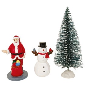 Weihnachtsdorf Set 3-teilig: Weihnachtsmann, Schneemann, Tannenbaum. Festliche Polyresin Weihnachtsdekoration.