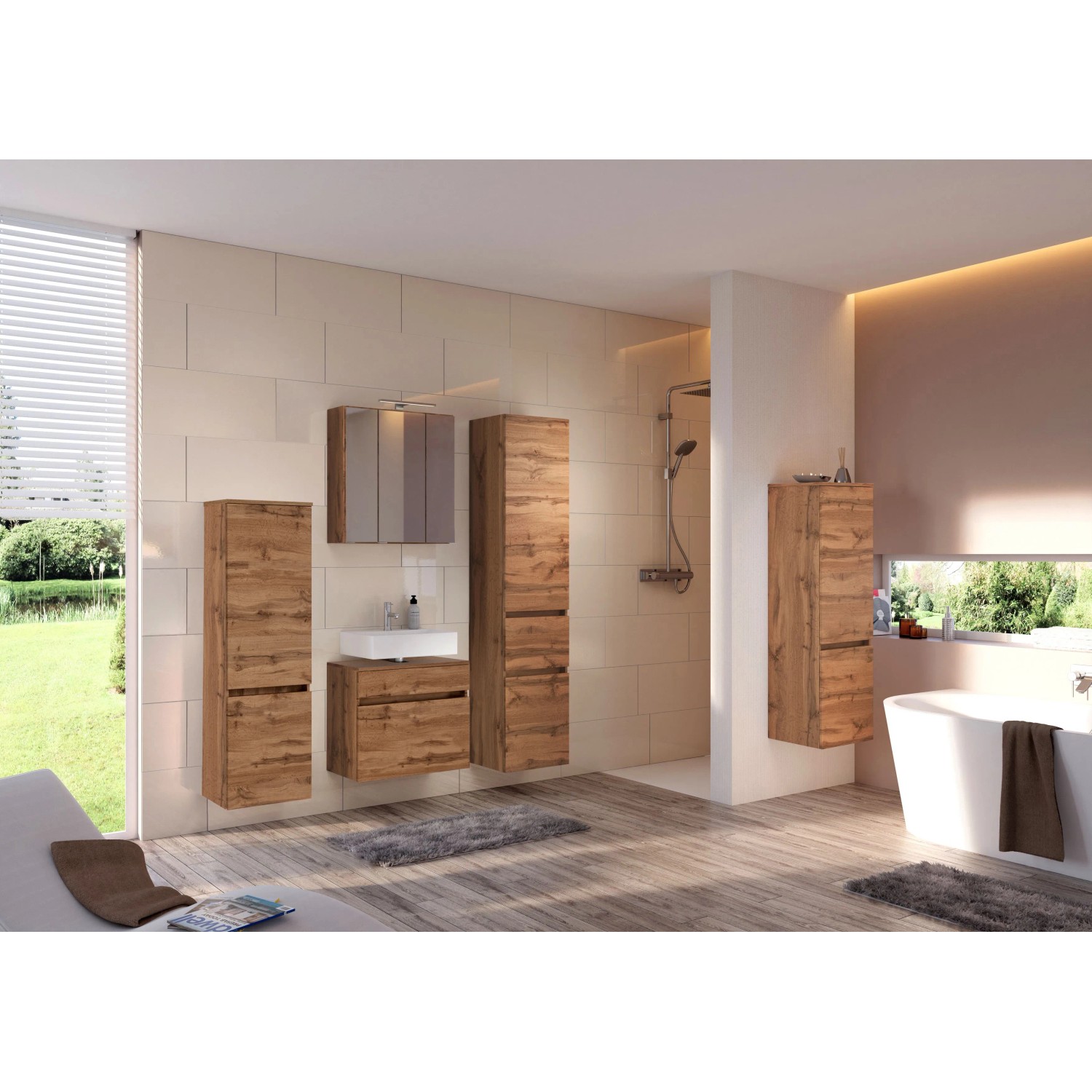 Badezimmer mit Badmöbel-Set Verona von Held Möbel in Wotaneiche-Optik mit Hängeschränken.