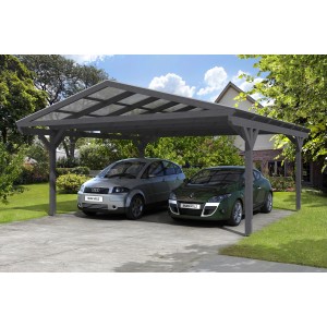 Skan Holz Carport Westerwald, schiefergrau, mit zwei geparkten Autos. Doppelcarport mit Doppelstegplatten.