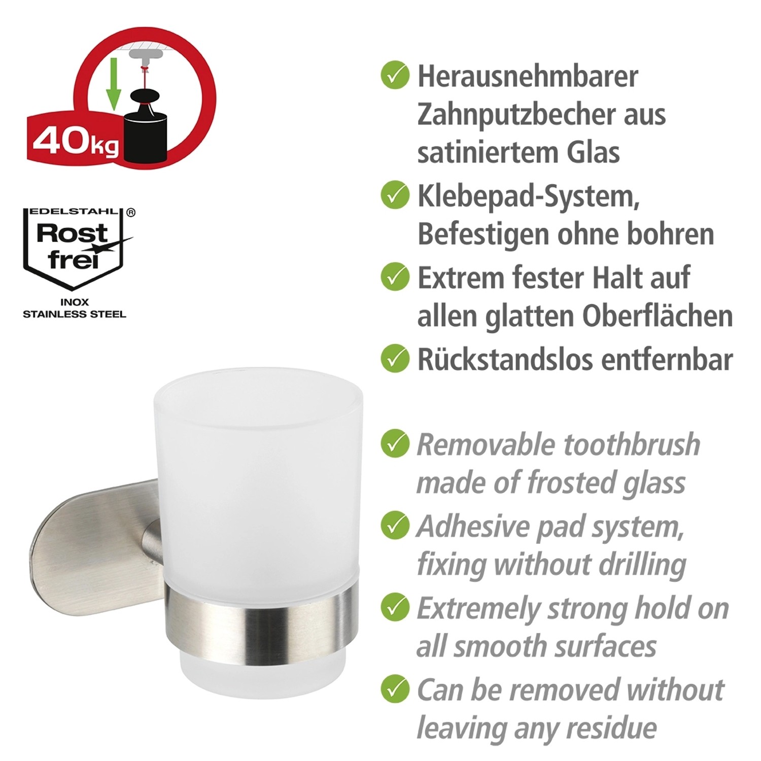 Wenko Zahnputzbecherhalter Uno Orea Matt, Edelstahl mit satiniertem Glas.