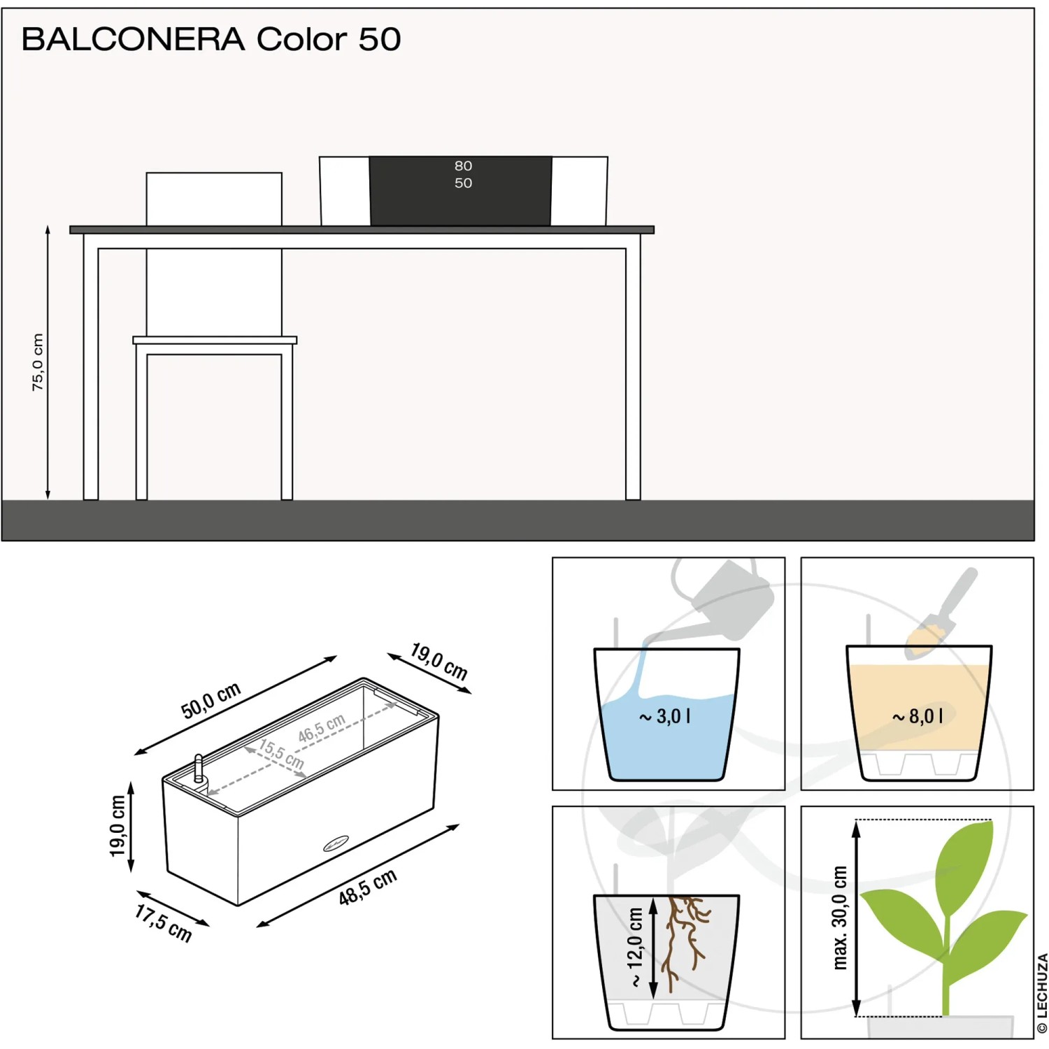 Skizze: Lechuza Balconera Color 50 Blumenkasten, Maße und Bewässerungssystem dargestellt.