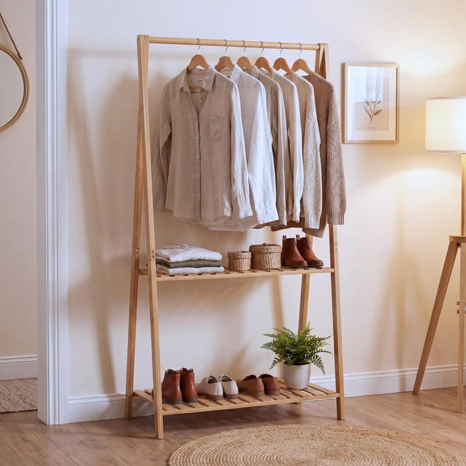 Bambus Standgarderobe mit Kleiderstange und 2 Ablagen für Kleidung und Schuhe in natürlicher Holzoptik.
