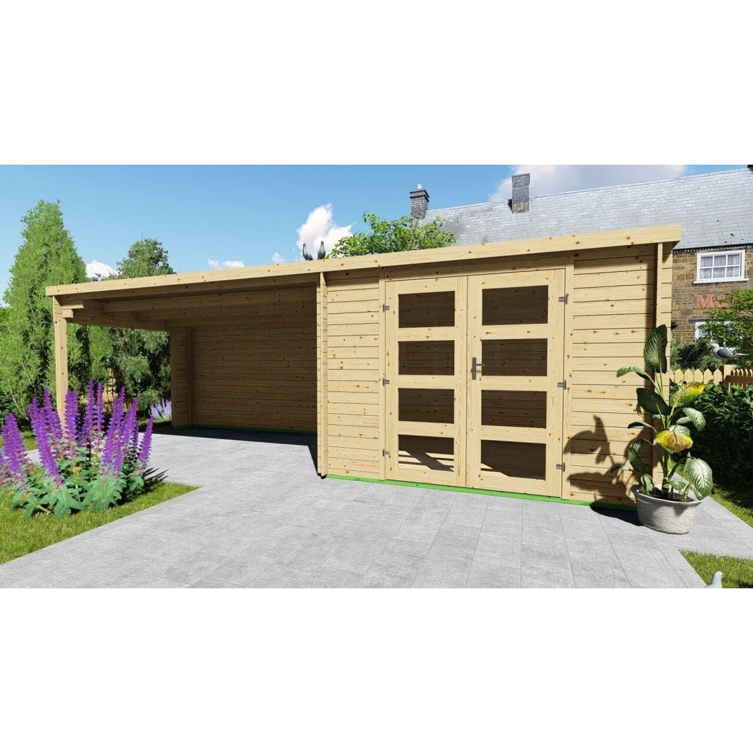 Finn Art Blockhaus 28mm Flachdach Holz Gartenhaus 3x2,4m Funny 5 mit 4m Seitendach mit Fußboden