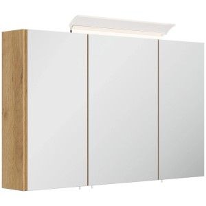 Posseik Spiegelschrank 100 cm mit 3 Spiegeltüren, goldener Eiche-Korpus und integrierter LED-Lampe.