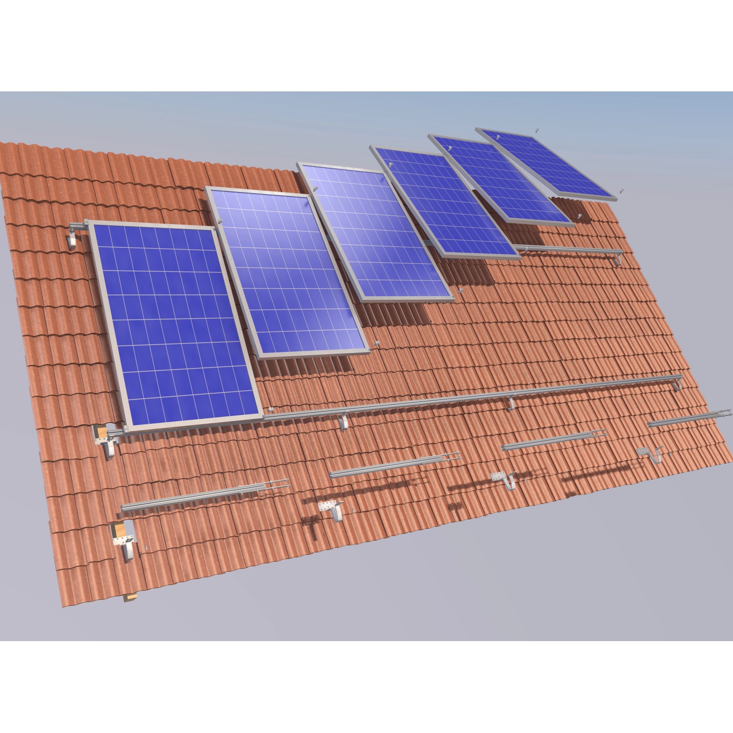 Solaranlage mit Modulen und blanken Mittelklemmen zur Befestigung auf dem Dach.