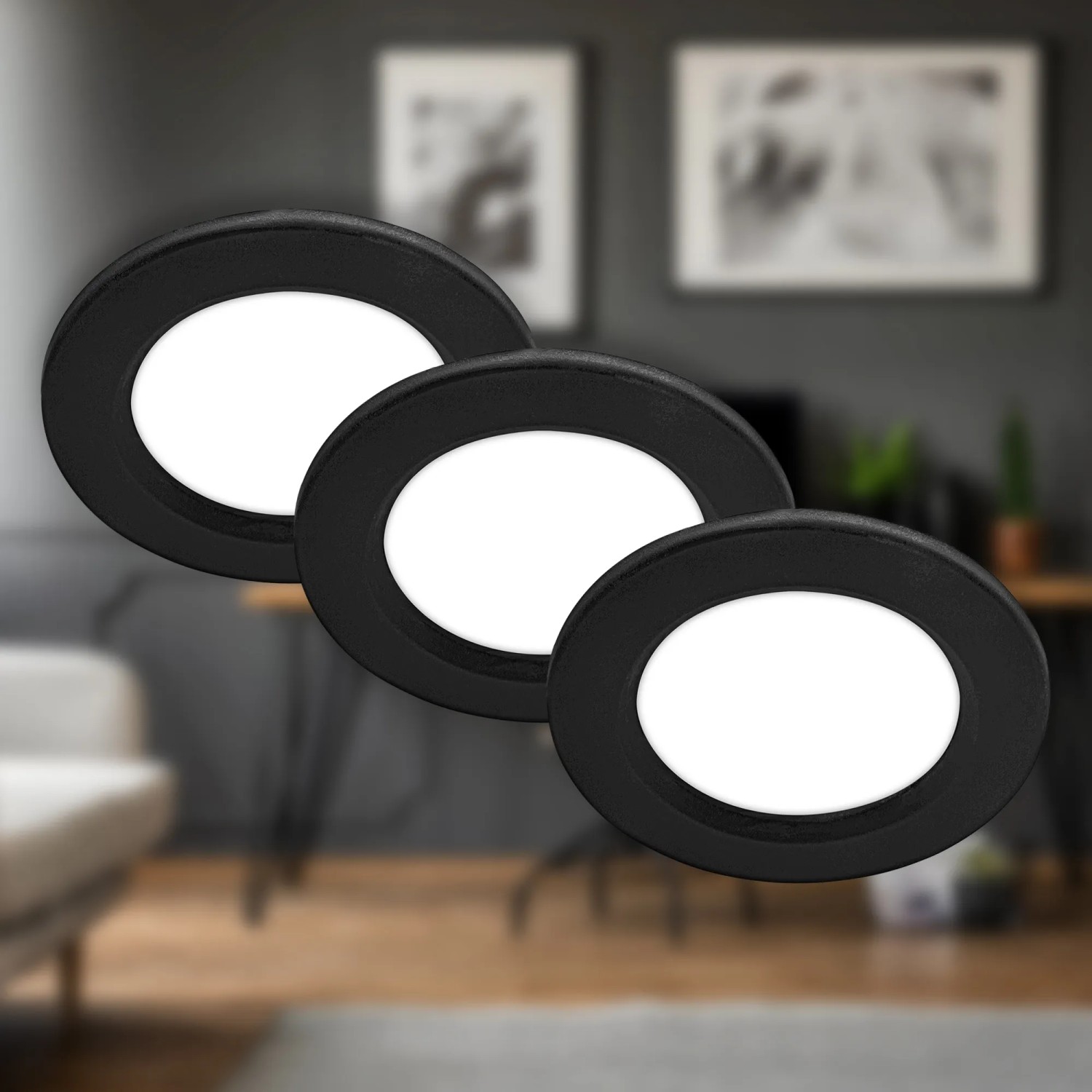 3er Set Briloner LED Einbaustrahler, flach, schwarz, neutralweißes Licht für Deckenmontage.