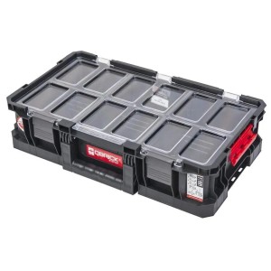 Schwarzer PROREGAL QBRICK Werkzeugkoffer mit transparentem Deckel und Fächern, 38 Liter.