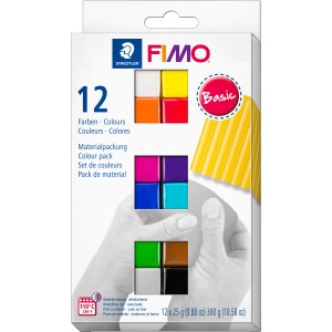 Fimo Modelliermasse Soft, 12 Basic-Farben im Set, ofenhärtend und bunt.