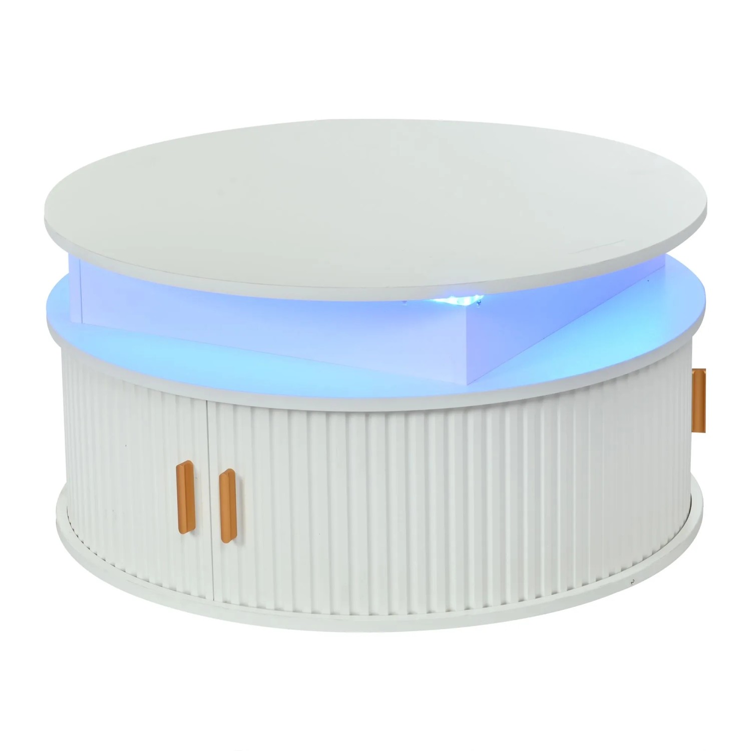 okwish Couchtisch mit LED Höhenverstellbar Rolltür Stauraum 75x75x52cm Hochglanz Weiß