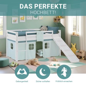 Homestyle4u Kinder Hochbett 90x200 Rutsche Lattenrost Vorhang Grün Kinderbett 2938